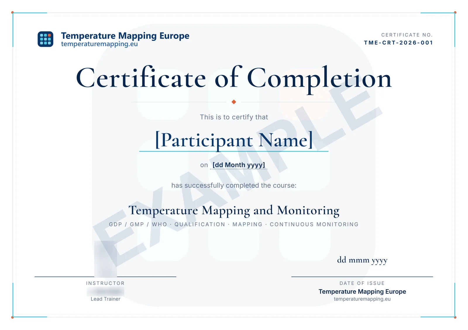 Beispiel des Teilnahmezertifikats für die Schulung Temperaturmapping und Monitoring mit Teilnehmernamen, Datum, Kursname und Temperature Mapping Europe als Aussteller