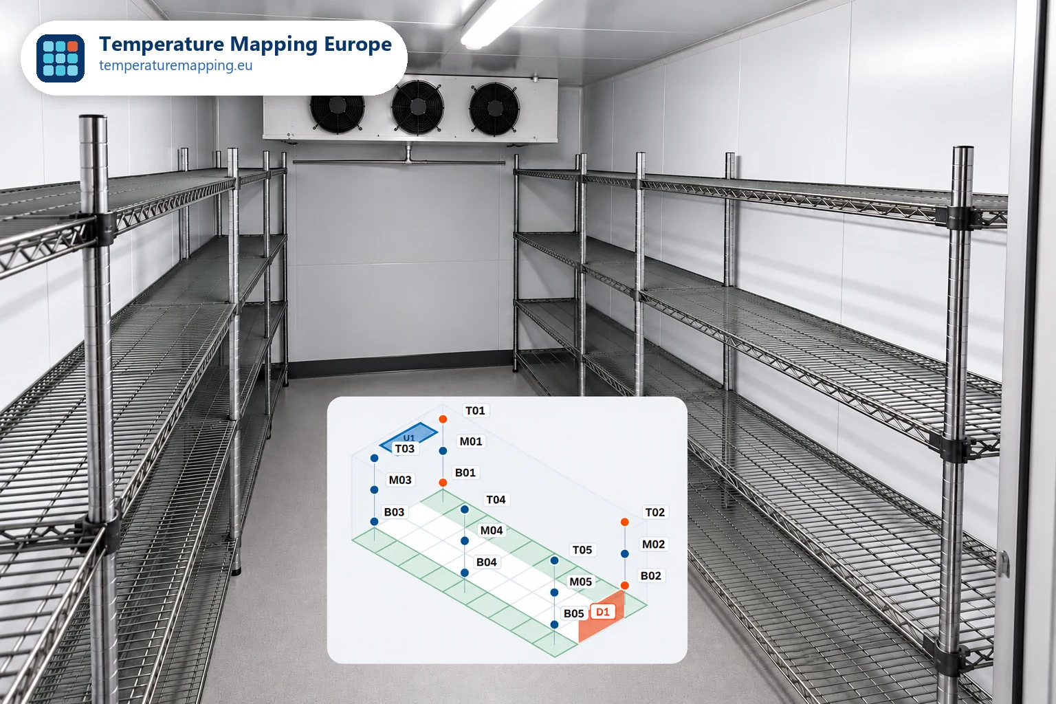 Walk-in cold room 2-8 °C for pharmaceutical storage with an isometric 3D floor plan of data logger placement (T, M, B positions per rack column), evaporator and door zone marked, used to identify hot spots and cold spots for temperature mapping.