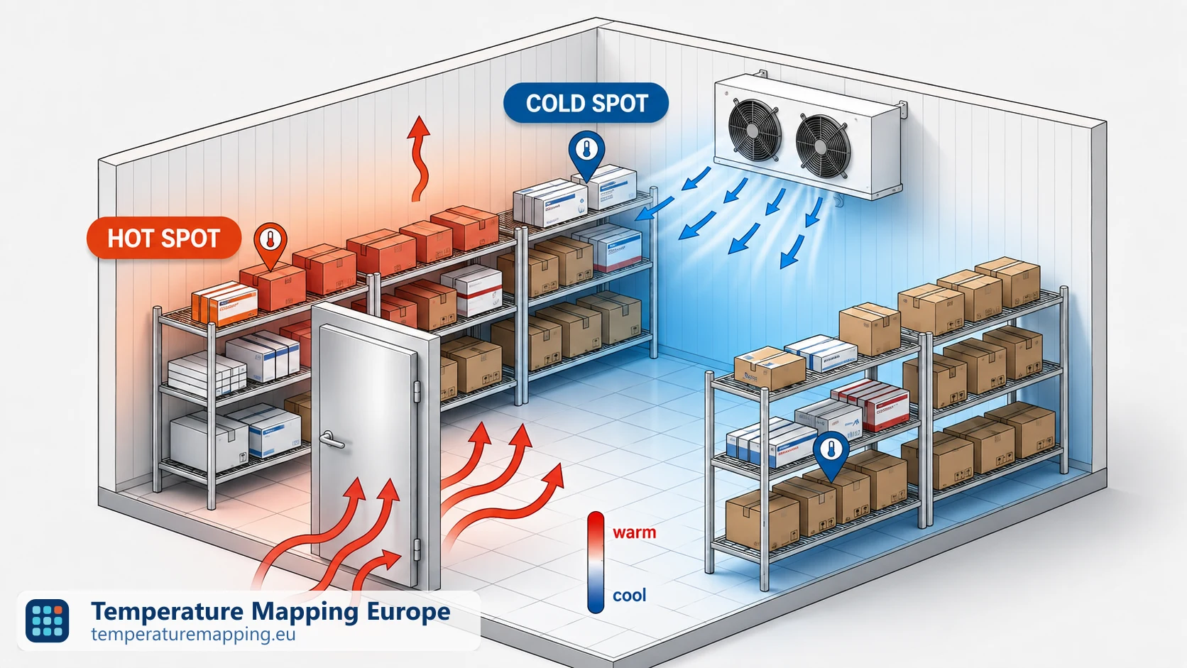Cold room cutaway showing hot spots and cold spots: cold jet from evaporator, warm influx at door and warm layer under the ceiling. Data loggers on the warmest and coldest product positions.
