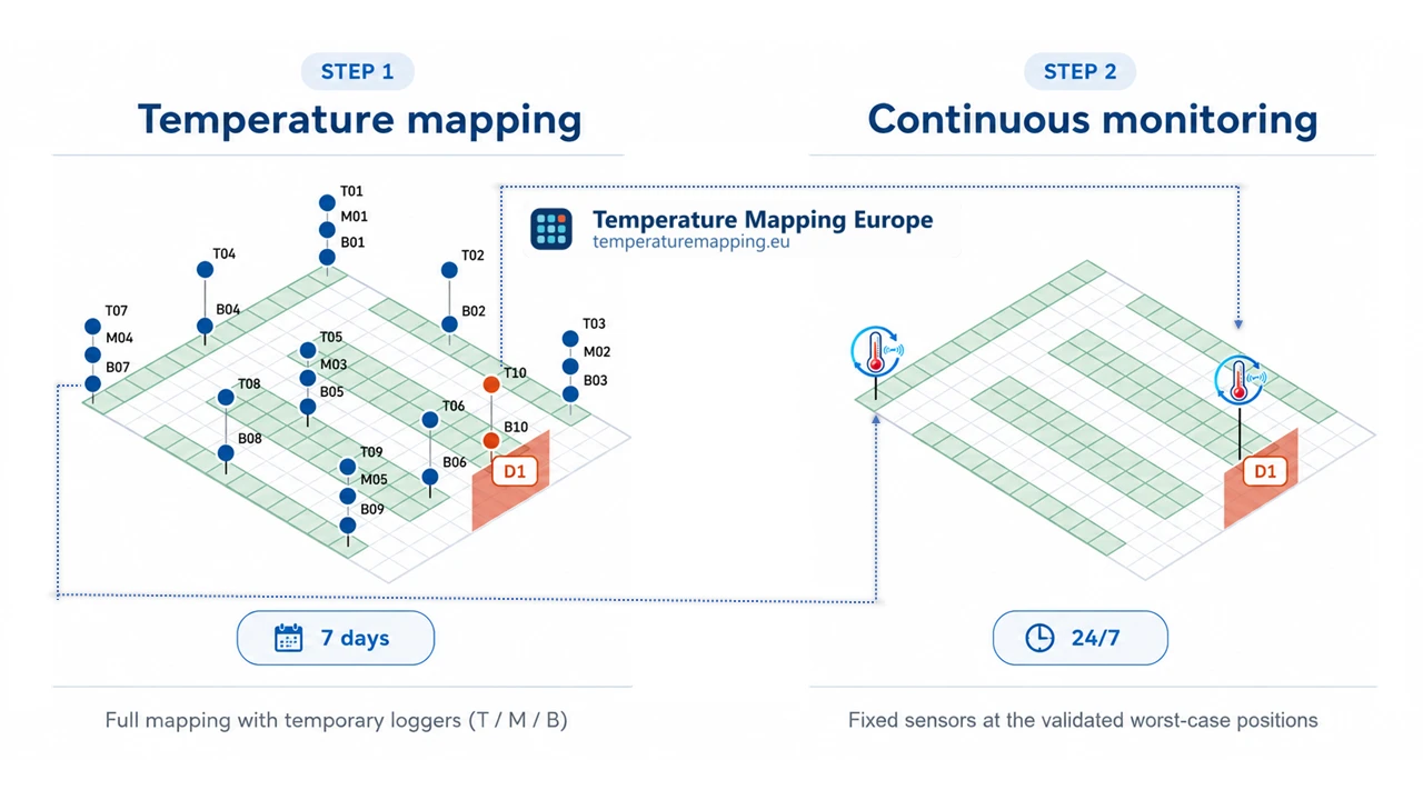 Comparison of temperature mapping and continuous monitoring: mapping uses many temporary loggers to identify critical positions, monitoring then guards those points permanently with fixed sensors.