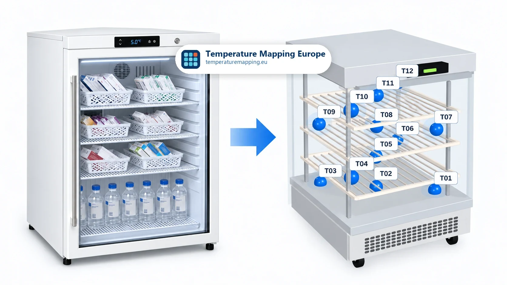 Farmaceutische koelkast (medicijnkoelkast) met 3D-doorsnede die 12 dataloggerposities (T01 tot en met T12) over de schappen toont voor temperatuurmapping.