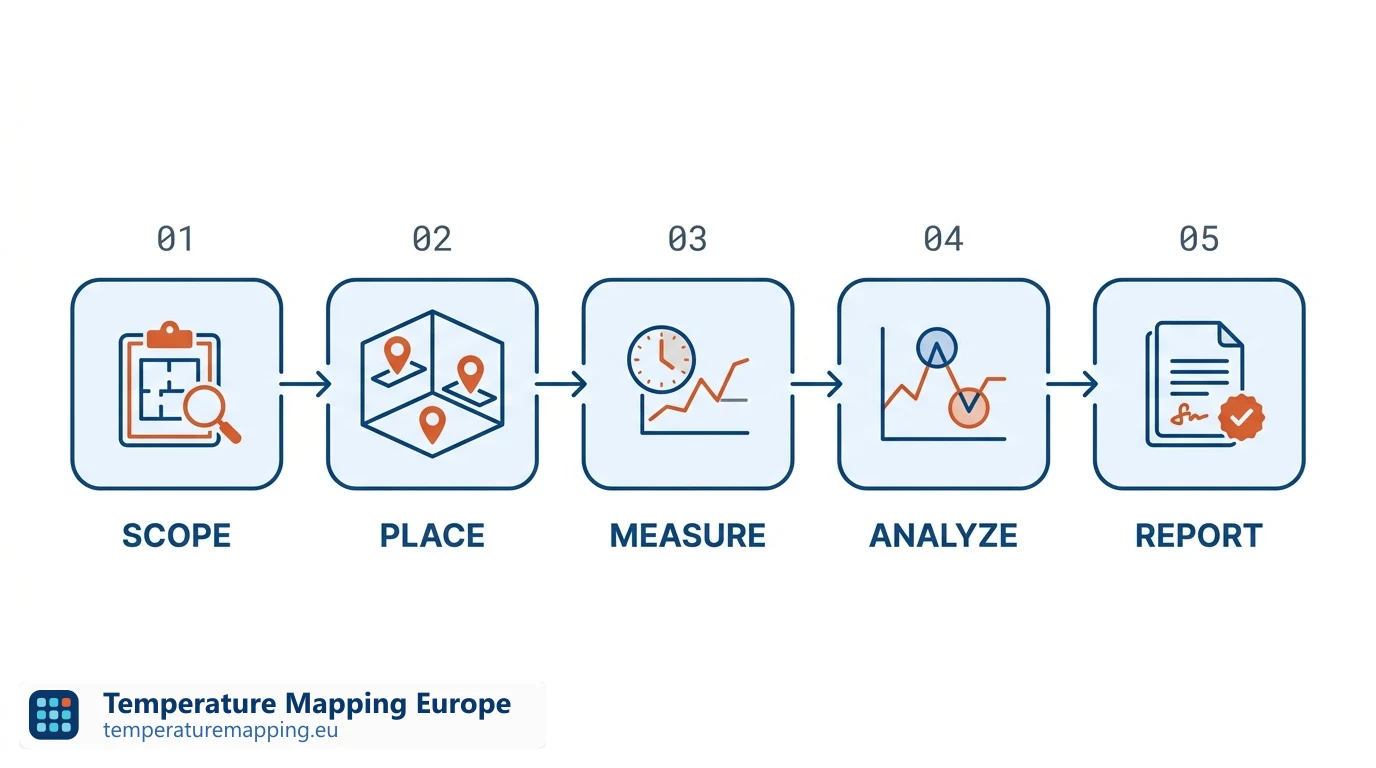 Temperature mapping in five steps: define scope, place data loggers, measure, analyse and report.