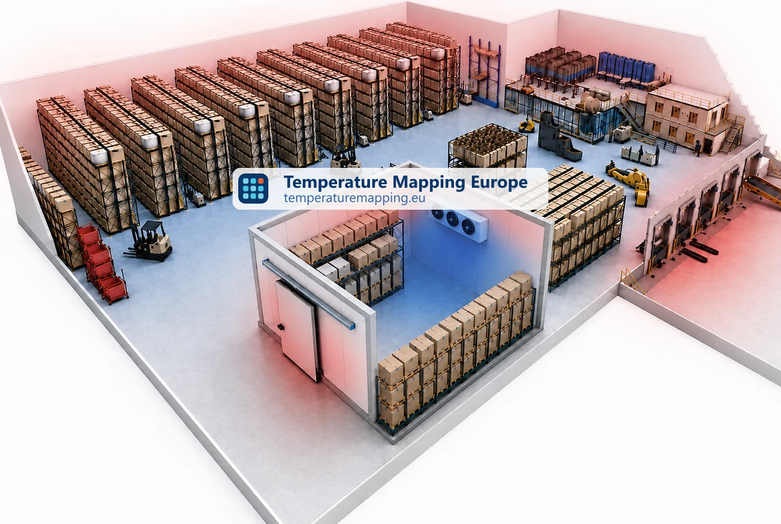 Heat map from a temperature mapping study of the same warehouse and cold room: hot spots (red) at the top of the racks and cold spots (blue) around the evaporator in the cold room.