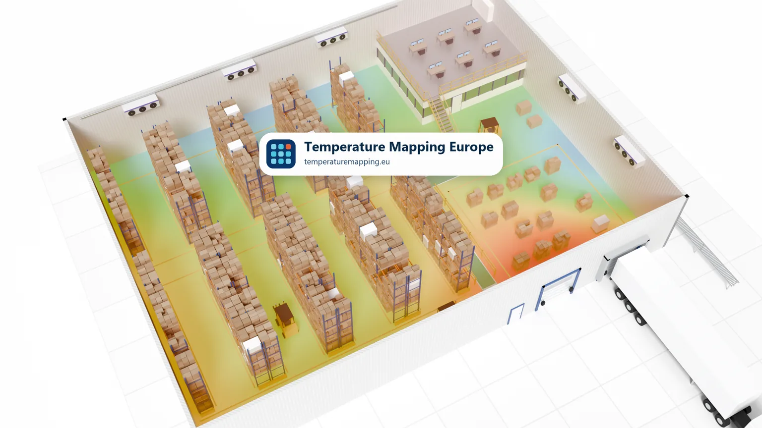 Mappa termica isometrica 3D di una mappatura della temperatura in un magazzino farmaceutico in estate, con la zona più calda (in rosso) nello stoccaggio a terra vicino ai portoni delle baie di carico e zone perimetrali calde lungo la parete esterna.