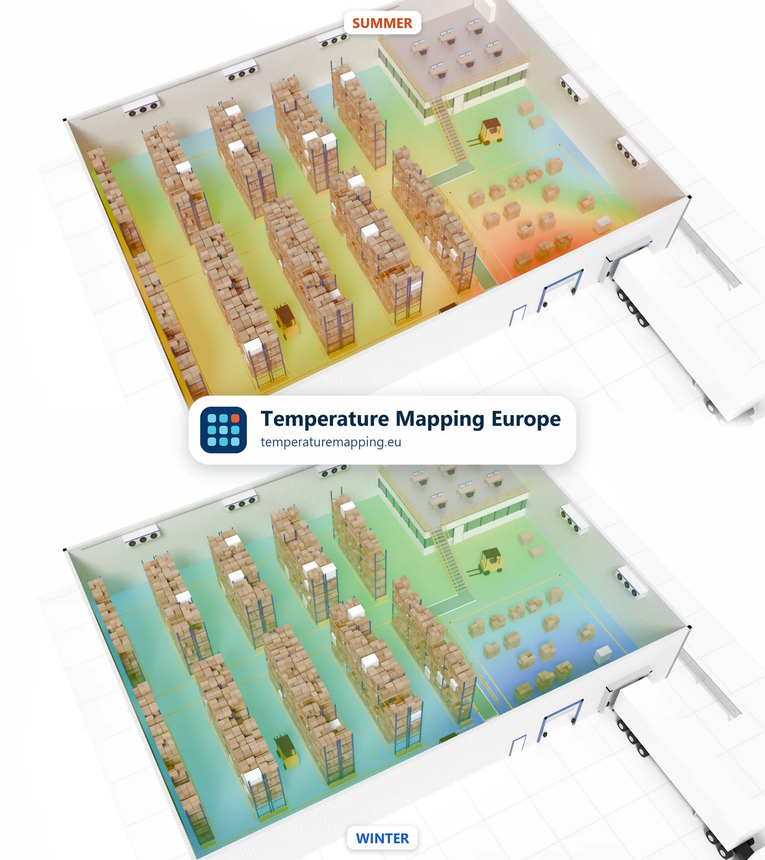 Lo stesso magazzino mappato in estate (in alto) e in inverno (in basso): in estate lo stoccaggio a terra vicino ai portoni delle baie di carico è il punto caldo (in rosso), in inverno la stessa zona è la parte più fredda dell’edificio (in blu).