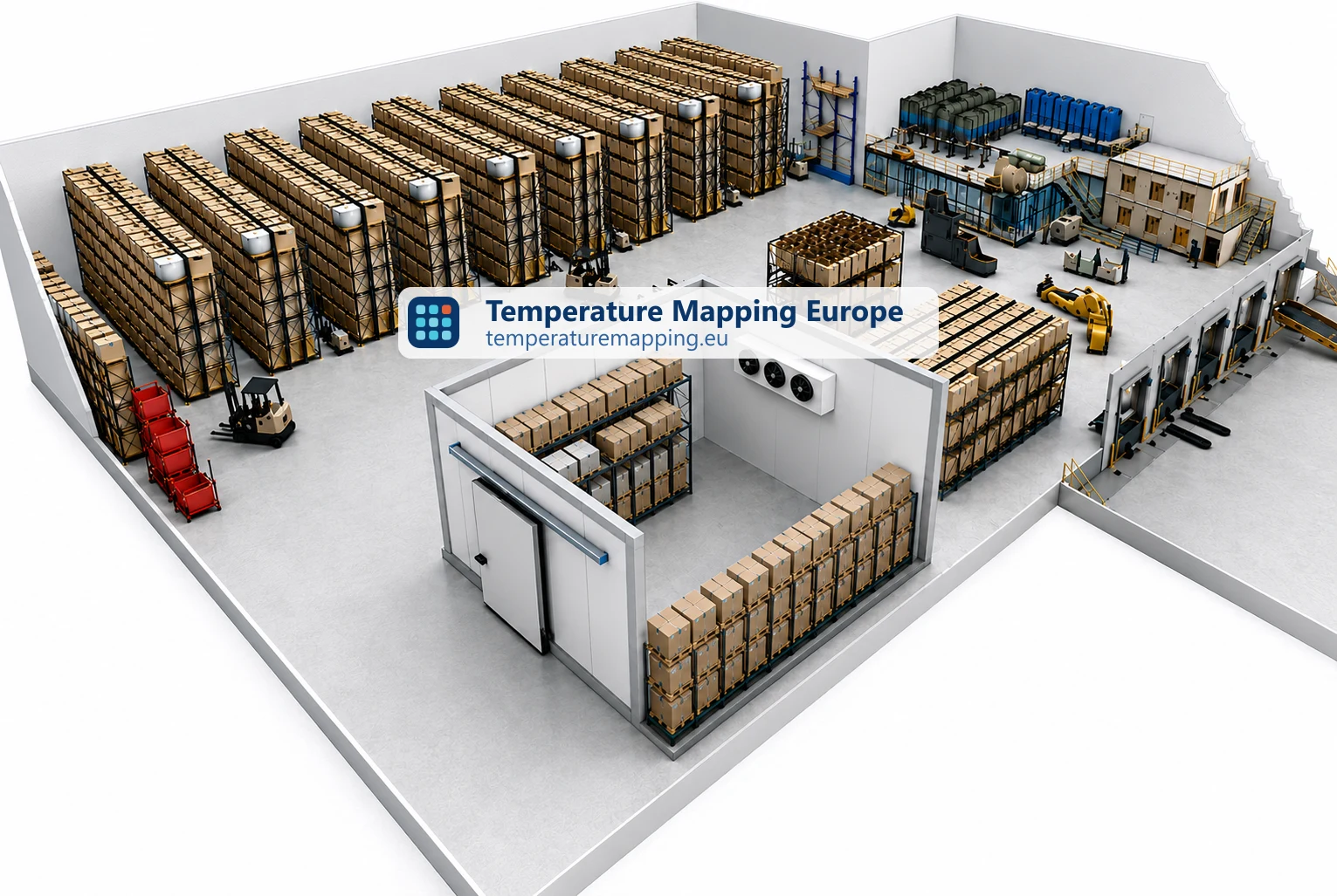 Warehouse with cold room before a temperature mapping study: temperature differences between hot spots and cold spots are invisible.